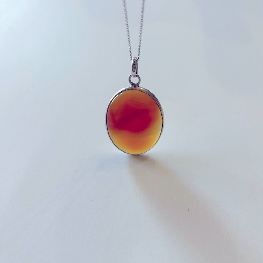 14K White Gold Chain Amber Agate Pendant Necklace 925 Silver - Picture 2 of 15
